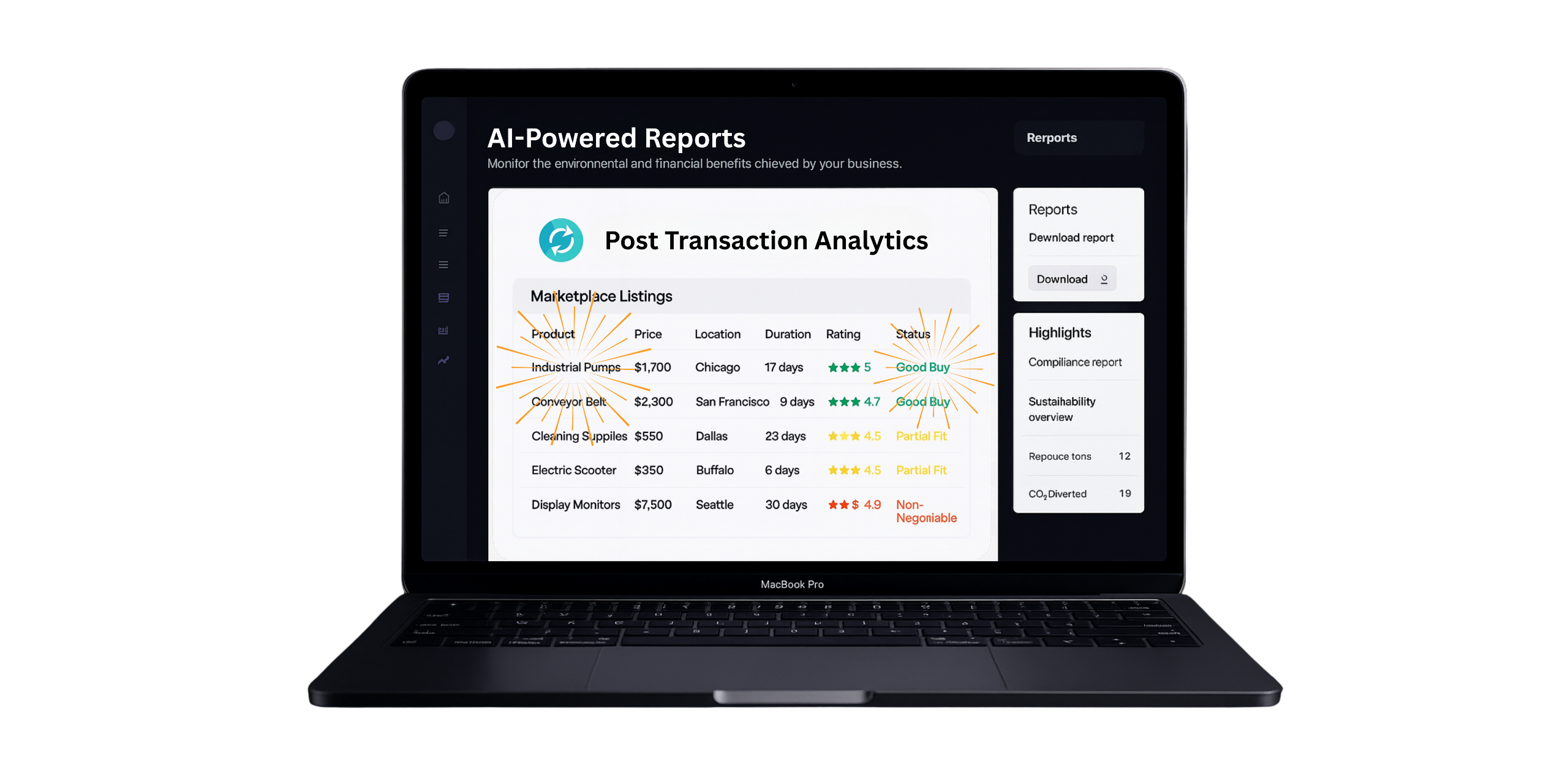 SymbioX Dashboard — Track your environmental and financial impact with real-time reporting, savings analysis, and sustainability metrics Laptop screen showing SymbioX dashboard with charts and metrics for revenue saved, CO₂ diverted, and cost reduction over time